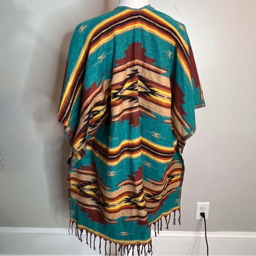 Southwestern Print Soft Poncho Fringe Teal Yellow Festival Unisex One Size - Picture 4 of 10